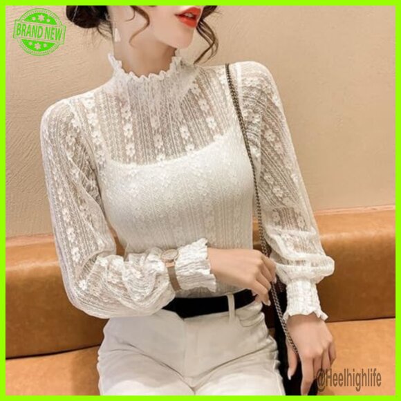 Sheer Lace Blouse Long Sleeve Mock Neck Floral Top Layering - Picture 2 of 7